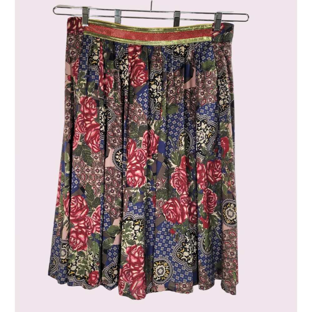 Vtg CAROL ANDERSON Boho Patchwork Print Midi Skirt Size L Pleated Metallic Band